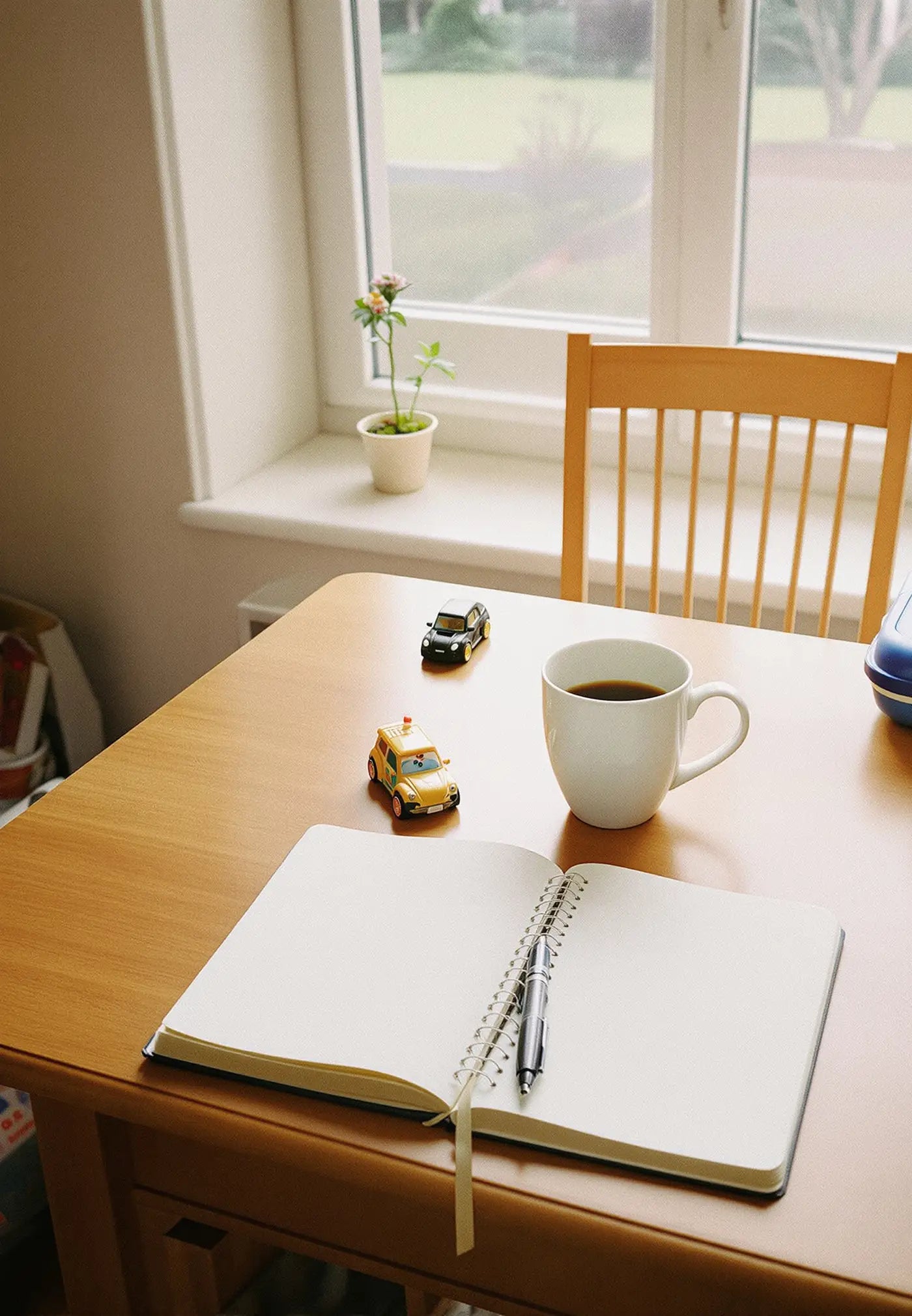 A notebook, a cup of coffee and a child's toy cars on a kitchen table at dawn.