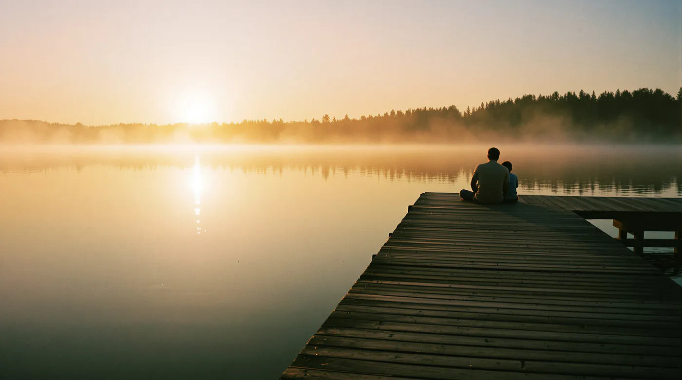 Sunrise over a misty lake, a father and son sitting together at the end of a long dock.