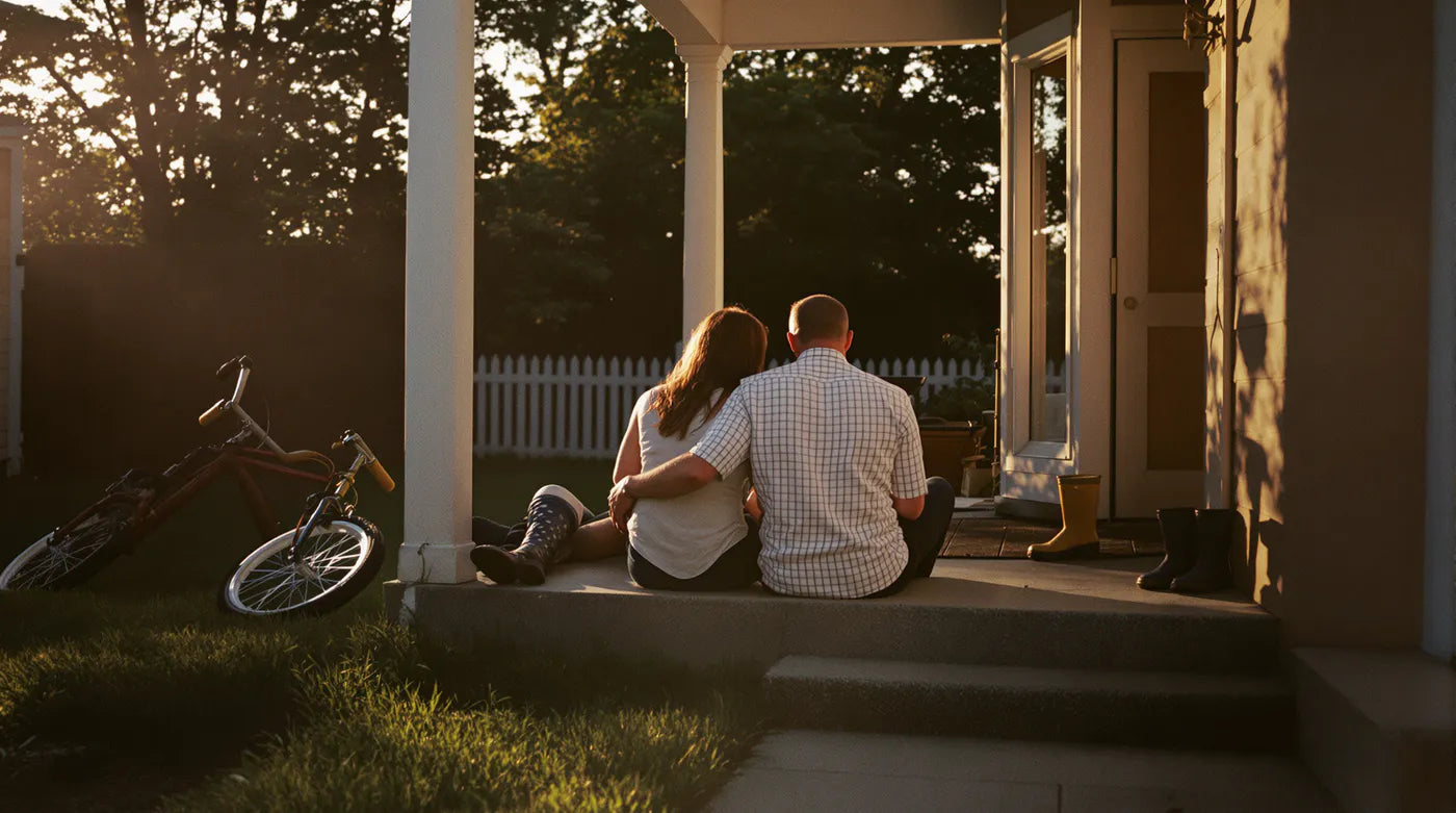 A man and a woman sitting together on a porch at golden hour, a child's bicycle on the lawn.