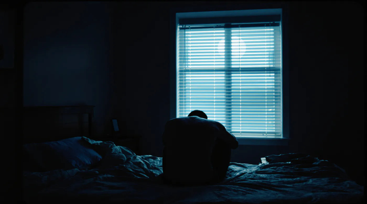 A man sitting on the edge of his bed at night, moonlight through the blinds.