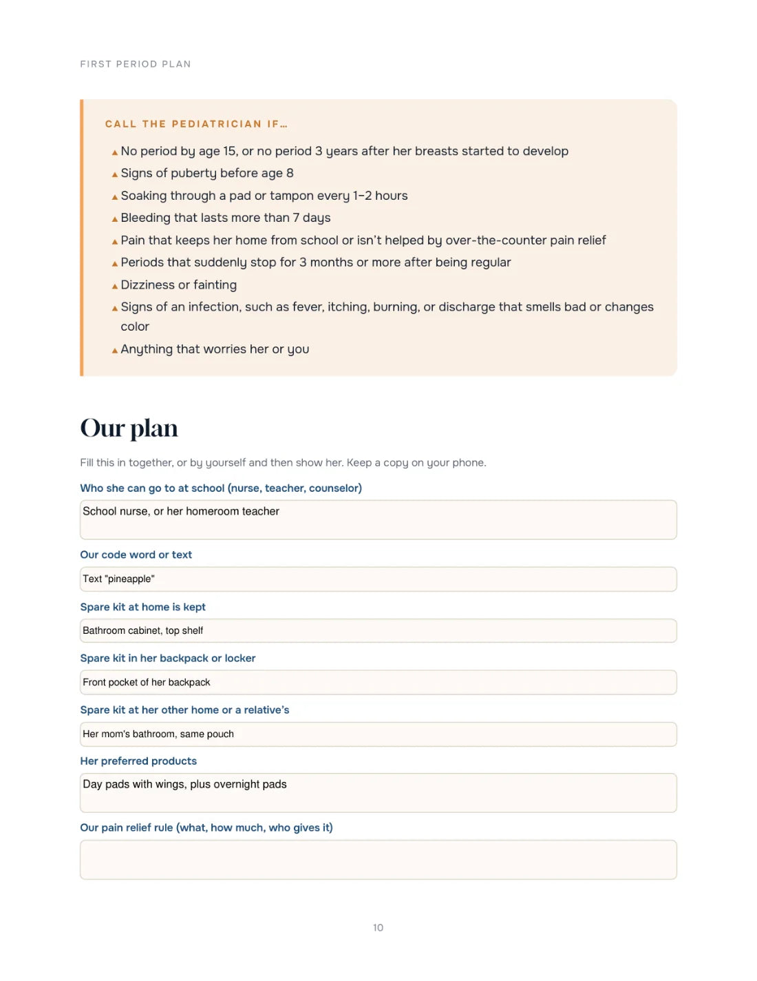 Fill in “Our plan” together (example entries)