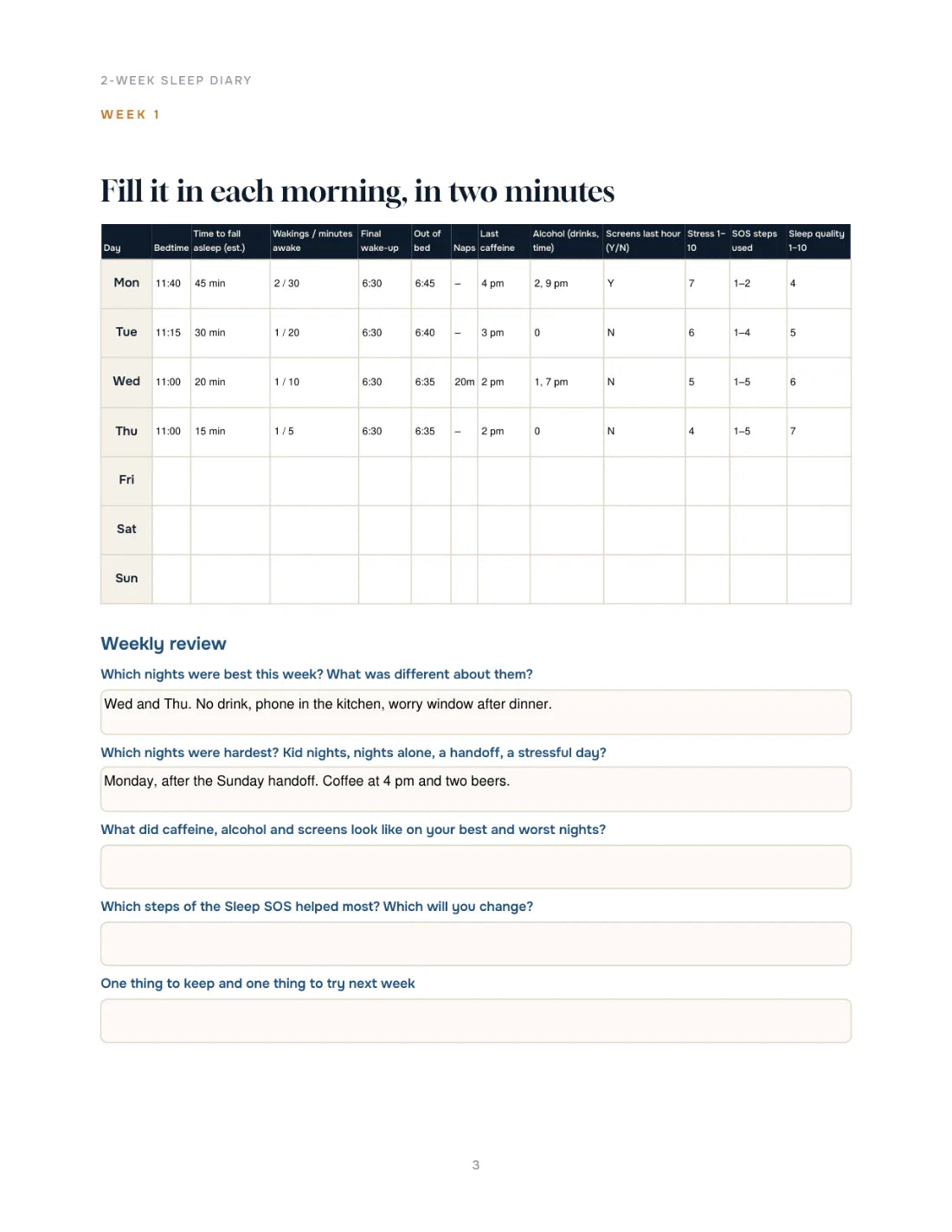 Fill it in each morning (example entries)